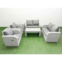 Fimous 6 Seater Outdoor Reclining Chair Love Sofa Set Rattan Garden Furniture Set with Oblong Coffee Table Side Table Light Grey