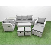 Fimous PE Rattan Garden Furniture Set Reclining Chair Sofa Lounge Sofa Set Rectangular Coffee Table 2 Side Table 3 Stools Light Grey