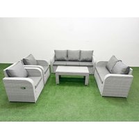 Fimous PE Rattan Garden Furniture Set Adjustable Chair Sofa Double Love Seat 2 Seater Sofa Lounge Set Rectangular Coffee Table Light Grey