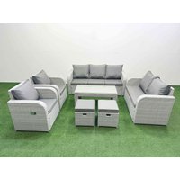 Fimous PE Rattan Garden Furniture Set Adjustable Chair Sofa Double Love Seat 2 Seater Sofa Lounge Set Rectangular Coffee Table 2 Stools Light Grey