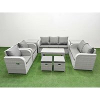 Fimous PE Rattan Garden Furniture Set Adjustable Chair Sofa Double Love Seat 2 Seater Sofa Lounge Set Rectangular Coffee Table 2 Stools 2 Side Table