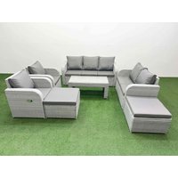 Fimous PE Rattan Garden Furniture Set Adjustable Chair Sofa Double Love Seat 2 Seater Sofa Lounge Set Rectangular Coffee Table 2 Big Footstool Light