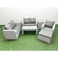 Fimous High Back Poly Rattan Garden Furniture Set w/ Reclining Chair Loveseat Sofa Oblong Coffee Table Indoor Outdoor Patio Set Big Stool 2 Side