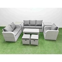 Fimous Patio PE Wicker 8 Seater Outdoor Rattan Furniture Sofa Sets w/ Oblong Coffee Table Reclining Chair Loveseat Sofa 3 Seater Sofa Stool 2 Side