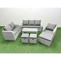 Fimous Patio PE Wicker 9 Seater Outdoor Rattan Furniture Sofa Sets w/ Oblong Coffee Table Reclining Chair Loveseat Sofa 3 Seater Sofa Stool Light Grey