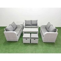 Fimous 8 Seater PE Wicker Rattan Furniture Sofa Sets with Oblong Coffee Table 2 Seater Love Sofa 2 Stool Side Table Light Grey