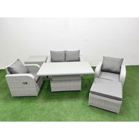 Fimous Light Grey PE Wicker Rattan Garden Furniture Set Sofa Set Reclining Chair Adjustable Lifting Dining or Coffee Table 5 Seater w/ Footstool Side