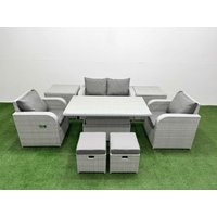 Fimous Light Grey PE Wicker Rattan Garden Furniture Set Sofa Set Reclining Chair Adjustable Lifting Dining or Coffee Table 6 Seater 2 Small Stools 2
