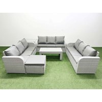 Fimous PE Rattan Lounge Sofa Set 10 Seater Outdoor Garden Furniture Set with Oblong Coffee Table 3 Seater Sofa Big Footstool Side Table Light Grey