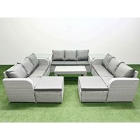 Fimous PE Rattan Lounge Sofa Set 11 Seater Outdoor Garden Furniture Set w/ Oblong Coffee Table 3 Seater Sofa 2 Big Footstools 2 Side Table Light Grey