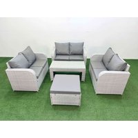 Fimous 7 Seater PE Wicker Rattan Furniture Sofa Sets with Oblong Coffee Table 2 Seater Love Sofa Big Footstool Light Grey