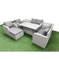 Fimous 7 Seater Outdoor Reclining Chair Love Sofa Set Rattan Garden Furniture Set w/ Adjustable Lifting Dining or Coffee Table Footstool 2 Side