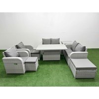 Fimous 9 Seater Outdoor Reclining Chair Love Sofa Set Rattan Garden Furniture Set w/ Adjustable Lifting Dining or Coffee Table 3 Stools Side Table