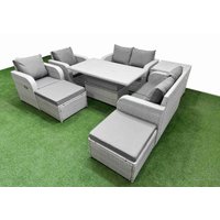 Fimous 8 Seater Outdoor Reclining Chair Love Sofa Set Rattan Garden Furniture Set w/ Adjustable Lifting Dining or Coffee Table 2 Big FootStools Side