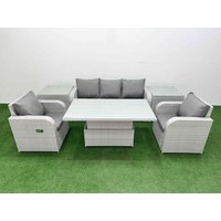 Fimous PE Rattan Garden Furniture Set Reclining Chair Sofa Lounge Sofa Set Adjustable Lifting Dining or Coffee Table 2 Side Table Light Grey