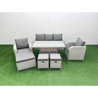 Fimous PE Rattan Garden Furniture Set Reclining Chair Sofa Lounge Sofa Set Adjustable Lifting Dining or Coffee Table 3 Stools Light Grey
