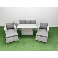 Fimous PE Rattan Garden Furniture Set Reclining Chair Sofa Lounge Sofa Set Adjustable Lifting Dining or Coffee Table Side Table 2 Big Footstool Light