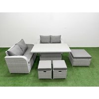 Fimous 7 Seater Outdoor Love Sofa Set Rattan Garden Furniture Set with Adjustable Lifting Dining or Coffee Table 3 Footstool Light Grey