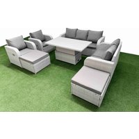 Fimous PE Rattan Garden Furniture Set Reclining Chair Sofa Double Love Seat 2 Seater Sofa Lounge Set Adjustable Lifting Dining or Coffee Table 2 Big