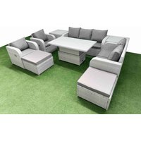 Fimous PE Rattan Garden Furniture Set Reclining Chair Sofa Double Love Seat 2 Seater Sofa Lounge Set Adjustable Lifting Dining or Coffee Table 2 Big
