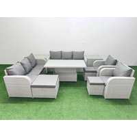 Fimous PE Rattan High Back Lounge Sofa Set Patio Adjustable Lifting Dining or Coffee Table & Chairs Set w/ 3 Seater Sofa Reclining Chair 3 Stools 2