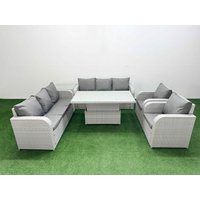 Fimous PE Rattan High Back Lounge Sofa Set Patio Adjustable Lifting Dining or Coffee Table & Chairs Set w/ 3 Seater Sofa Reclining Chair Side Table