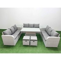 Fimous PE Rattan Lounge Sofa Set 11 Seater Outdoor Garden Furniture Set w/ Adjustable Lifting Dining or Coffee Table 3 Seater Sofa 2 Stools Side
