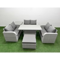 Fimous 7 Seater PE Wicker Rattan Furniture Sofa Sets w/ Adjustable Lifting Dining or Coffee Table 2 Seater Love Sofa Big Footstool Side Table Light