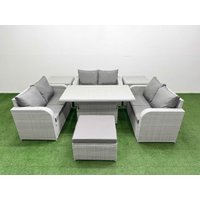 Fimous 7 Seater PE Wicker Rattan Furniture Sofa Sets w/ Adjustable Lifting Dining or Coffee Table 2 Seater Love Sofa Big Footstool 2 Side Table Light