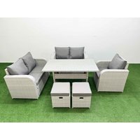 Fimous High Back Poly Rattan Garden Furniture Set w/ Reclining Chair Loveseat Sofa Rectangular Dining Table Indoor Outdoor Patio Set 2 Stool Light
