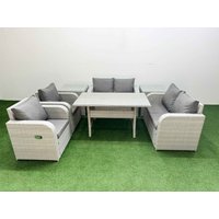Fimous 6 Seater Outdoor Reclining Chair Love Sofa Set Rattan Garden Furniture Set with Rectangular Dining Table 2 Side Tables Light Grey