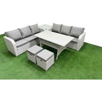 Fimous Outdoor Garden Furniture Sets 8 Seater Wicker Rattan Furniture Sofa Sets w/ Rectangular Dining Table high Back Lounge Sofa Stools Side Table