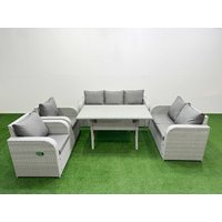 Fimous PE Rattan Garden Furniture Set Reclining Chair Sofa Double Love Seat 2 Seater Sofa Lounge Set Rectangular Dining Table Light Grey