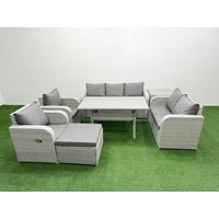 Fimous PE Rattan Garden Furniture Set Reclining Chair Sofa Double Love Seat 2 Seater Sofa Lounge Set Rectangular Dining Table Big Footstool Side