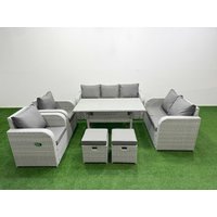 Fimous PE Rattan Garden Furniture Set Reclining Chair Sofa Double Love Seat 2 Seater Sofa Lounge Set Rectangular Dining Table 2 Stools Light Grey