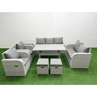 Fimous PE Rattan Garden Furniture Set Reclining Chair Sofa Double Love Seat 2 Seater Sofa Lounge Set Rectangular Dining Table 2 Stools Side Table