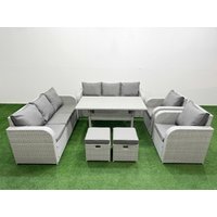 Fimous PE Rattan High Back Lounge Sofa Set Patio Rectangular Dining Table & Chairs Set with 3 Seater Sofa Reclining Chair Stools Light Grey