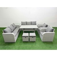 Fimous PE Rattan High Back Lounge Sofa Set Patio Rectangular Dining Table & Chairs Set w/ 3 Seater Sofa Reclining Chair Stools 2 Side Table Light Grey