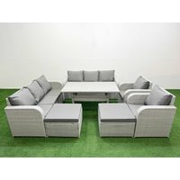 Fimous PE Rattan High Back Lounge Sofa Set Patio Rectangular Dining Table & Chairs Set with 3 Seater Sofa Reclining Chair 2 Big Footstool Light Grey