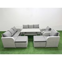 Fimous PE Rattan High Back Lounge Sofa Set Patio Rectangular Dining Table & Chairs Set w/ 3 Seater Sofa Reclining Chair 2 Big Footstool Side Table