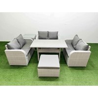 Fimous 7 Seater PE Wicker Rattan Furniture Sofa Sets with Rectangular Dining Table 2 Seater Love Sofa Big Footstool Side Table Light Grey