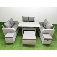 Fimous 9 Seater PE Wicker Rattan Furniture Sofa Sets with Rectangular Dining Table 2 Seater Love Sofa 3 Stool Light Grey