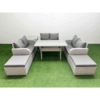 Fimous 8 Seater PE Wicker Rattan Furniture Sofa Sets with Rectangular Dining Table 2 Seater Love Sofa 2 Big Footstool Side Table Light Grey