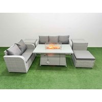 Fimous 6 Seater PE Rattan Wicker Garden Furniture Patio Conservatory Sofa Set w/ Firepit Dining Table 3 Seater Sofa Love Sofa Big Footstool 2 Side
