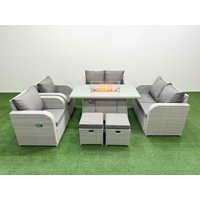 Fimous 8 Seater Outdoor Reclining Chair Love Sofa Set Rattan Garden Furniture Set with Firepit Dining Table 2 Stools Light Grey