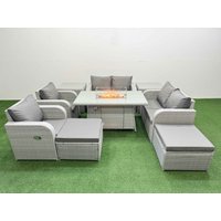 Fimous 8 Seater Outdoor Reclining Chair Love Sofa Set Rattan Garden Furniture Set with Firepit Dining Table 2 Big FootStools 2 Side Table Light Grey