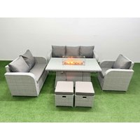 Fimous Patio PE Wicker 8 Seater Outdoor Rattan Furniture Sofa Sets w/ Firepit Dining Table Reclining Chair Loveseat Sofa 3 Seater Sofa Stool Light