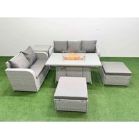Fimous 7 Seater PE Rattan Wicker Garden Furniture Patio Conservatory Sofa Set w/ Firepit Dining Table 3 Seater Sofa Love Sofa 2 Big Footstool Side