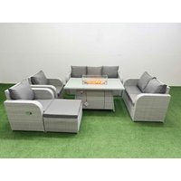 Fimous PE Rattan Garden Furniture Set Reclining Chair Sofa Double Love Seat 2 Seater Sofa Lounge Set Firepit Dining Table Big Footstool Light Grey