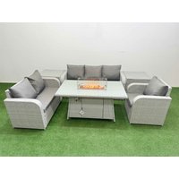 Fimous Patio PE Wicker 6 Seater Outdoor Rattan Furniture Sofa Sets w/ Firepit Dining Table Reclining Chair Loveseat Sofa 3 Seater Sofa 2 Side Table